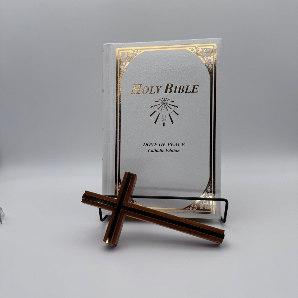Holy Bible Dove of Peace Catholic Edition NAB White Gold Foil with Wood Cross